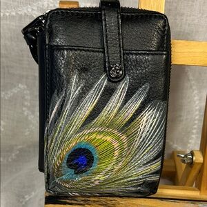 Elliot Lucca peacock feather leather zip around wallet